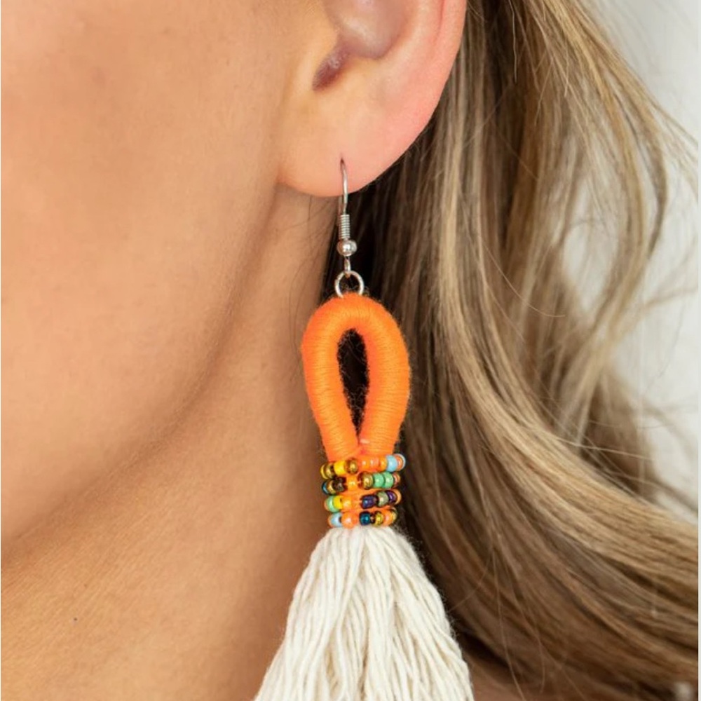 Paparazzi Orange and Cream Loop Tassel Earrings